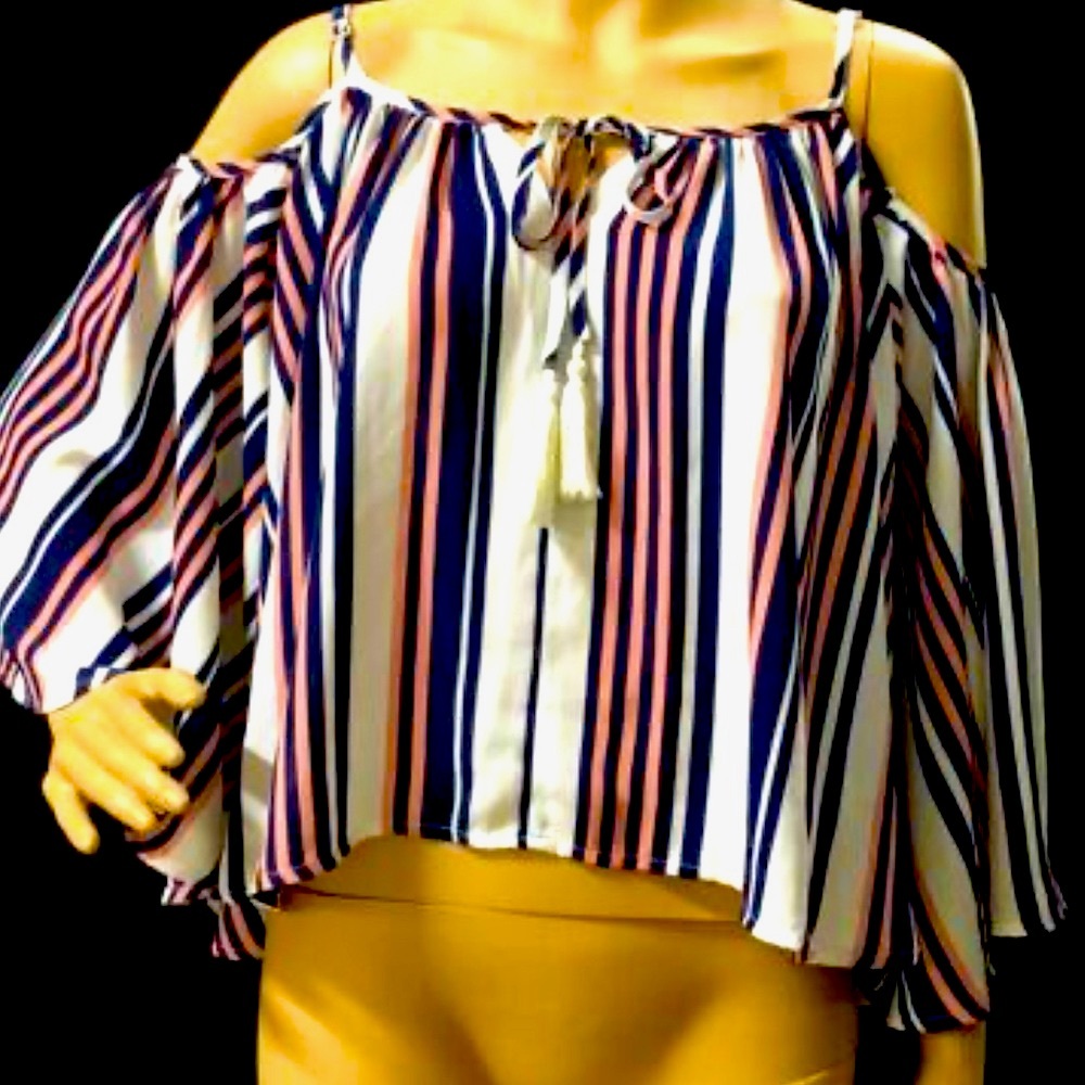 Socialite Cold Shoulder Blouse White Blue Pink Striped